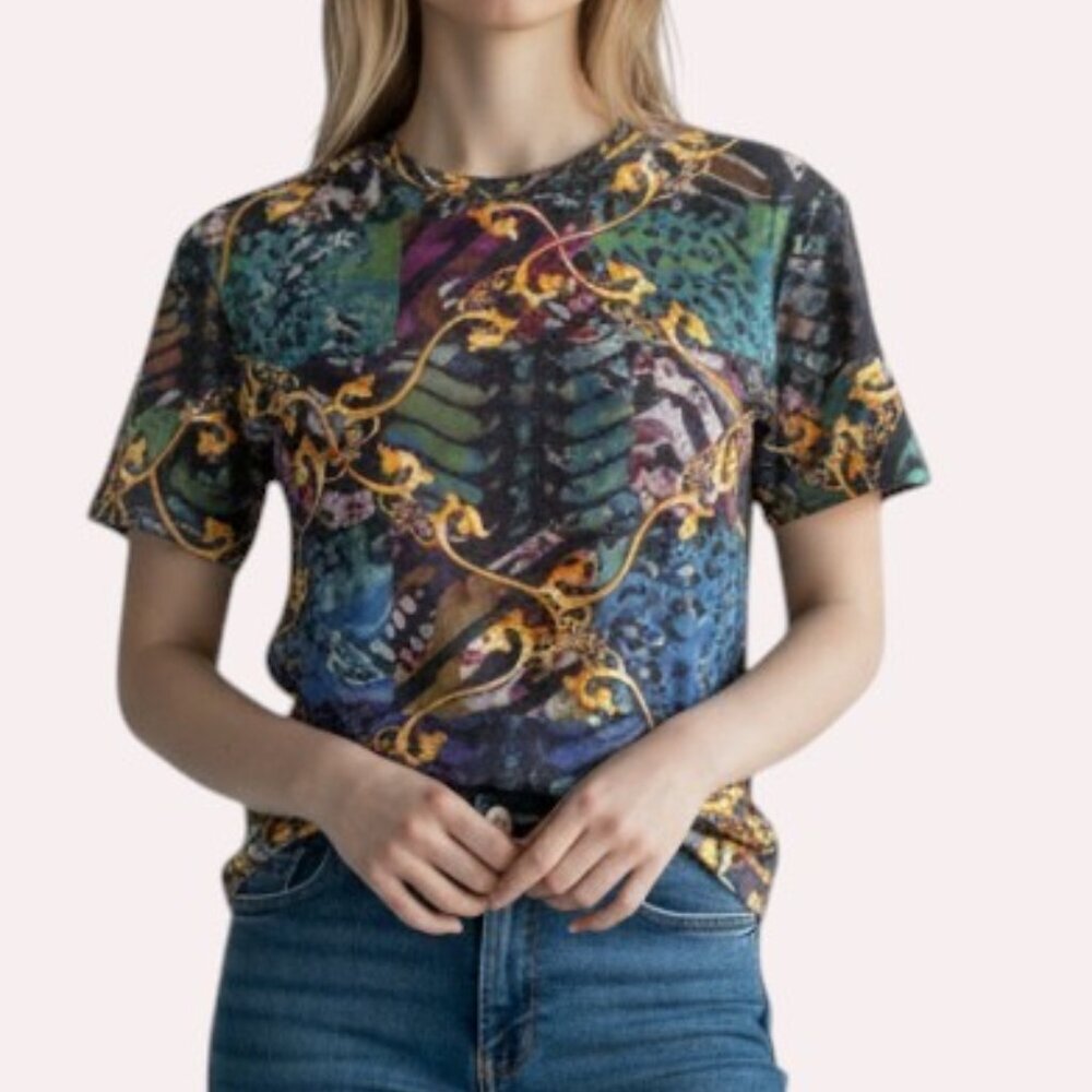 Versus Versace Womens T-Shirt Short Sleeve Baroque Pattern Multicolor Size M EUC